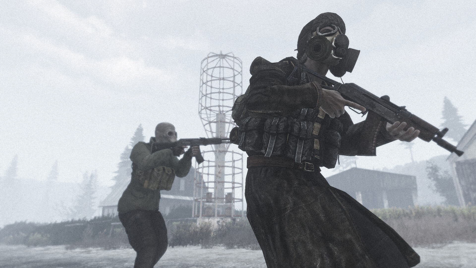 Two masked armed characters moving through a foggy industrial area with a metal tower behind them