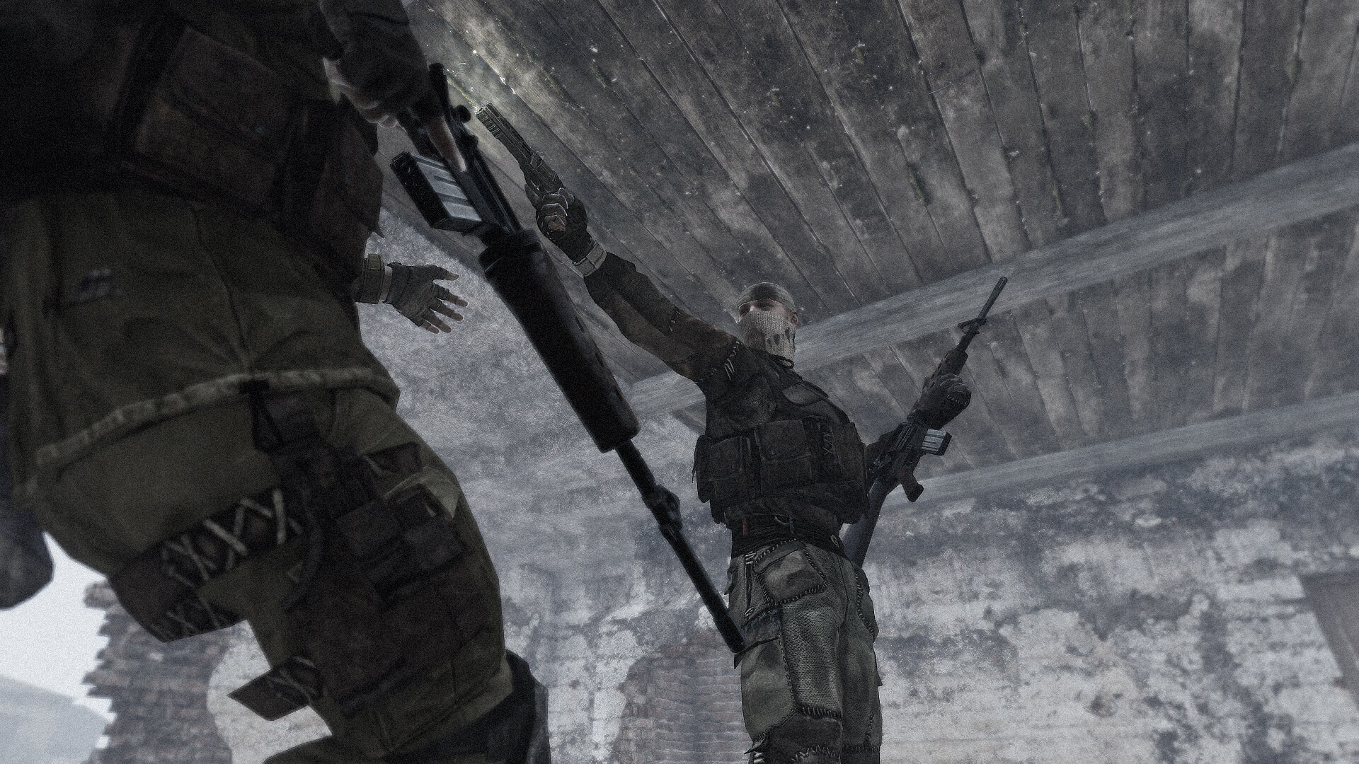 Low-angle standoff between armed characters under a concrete structure in a snowy environment