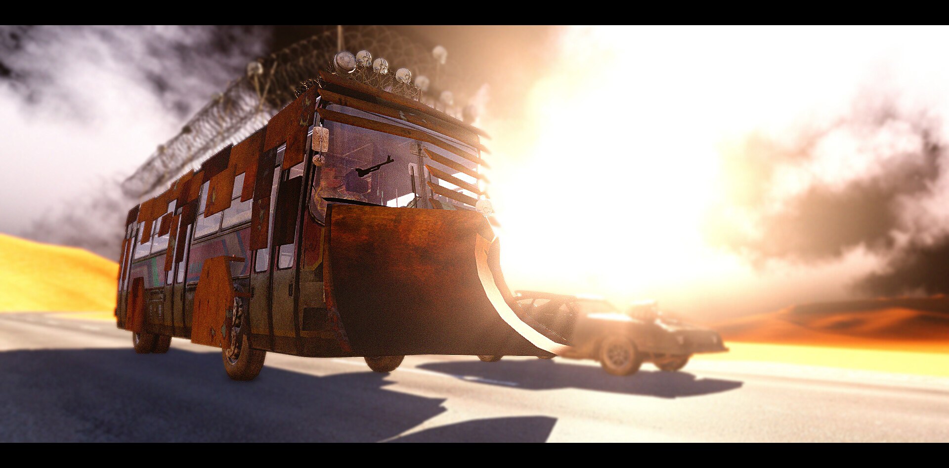 Armoured post-apocalyptic bus driving beside a car on a desert road with a huge explosion behind it