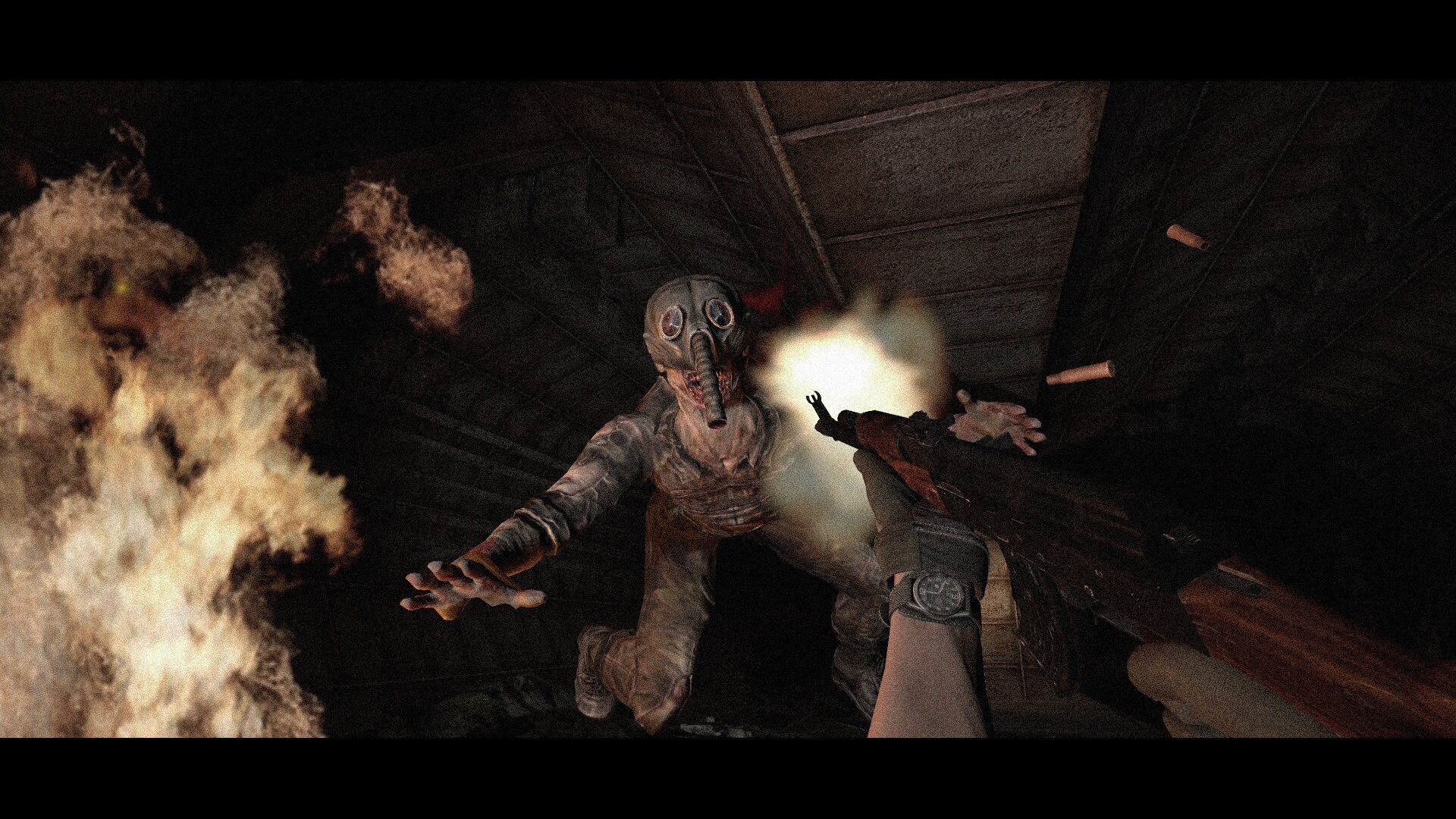 A monster wearing a gasmask jumping at the player in garrys mod