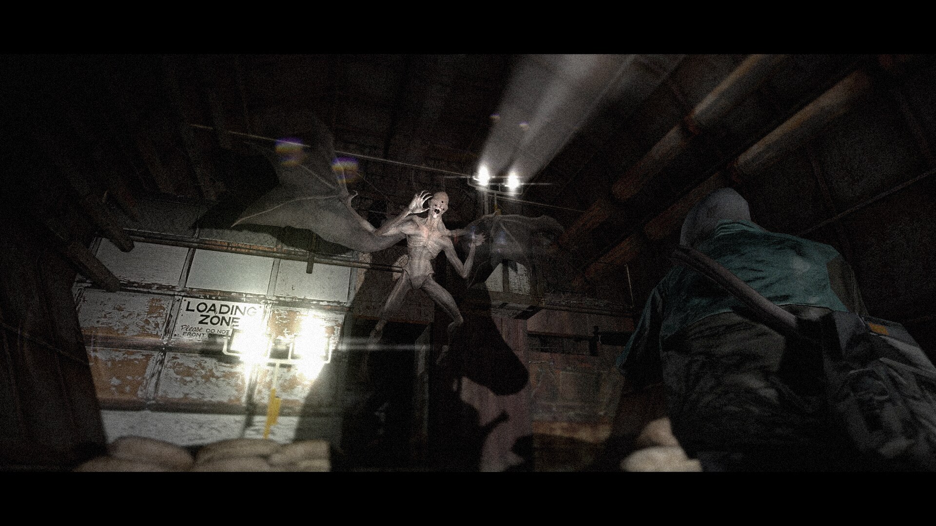 Winged pale creature hovering above a loading zone while an armed survivor aims a flashlight in a dark industrial space