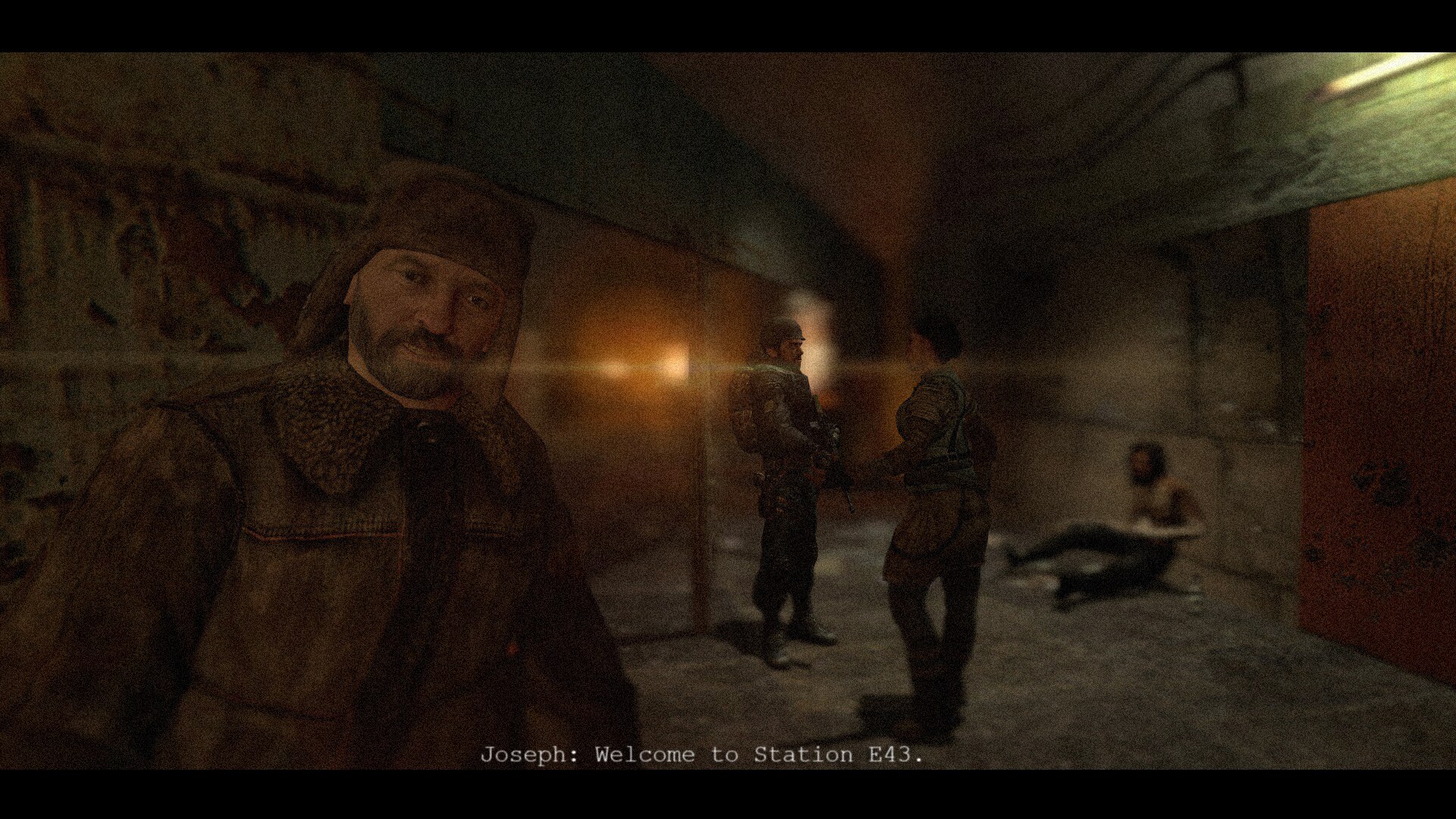 Cinematic station corridor scene with armed characters, a seated survivor, and subtitle text reading Welcome to Station E43